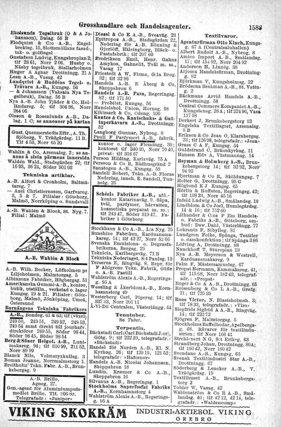 15, Slottsmöllans fasad-, Gjerlö1l', Hälsingborg, Bläck- o. tak- o. golftegel Pastafabrik ; tlf 207 tio Gustafson Ludvig, Kungsbroplan 2; Fredrikson Emil, Henr. Gahns tif 23'61, Norr 206. Husbyo.