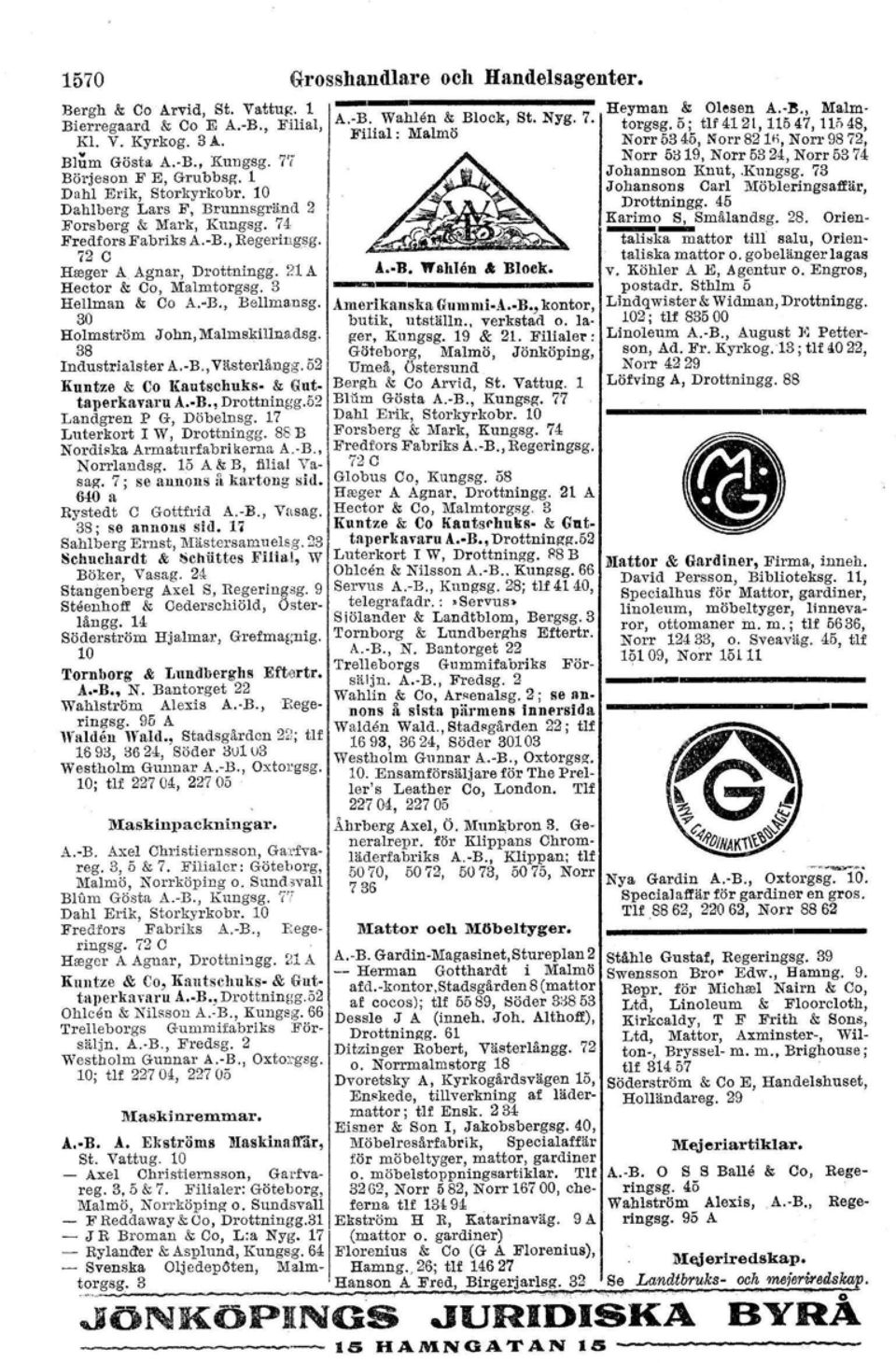 Heclor & Co, Malmlorgsg. 3 HeUman & Ca A.-B., Bellrnansg. Ålnerika.nska Gummi-å. B., kontor, 30 butik. utställn. verkstad o. lager, Holmström John, Mallnskillnadsg. Kungsg. 19 & 21.