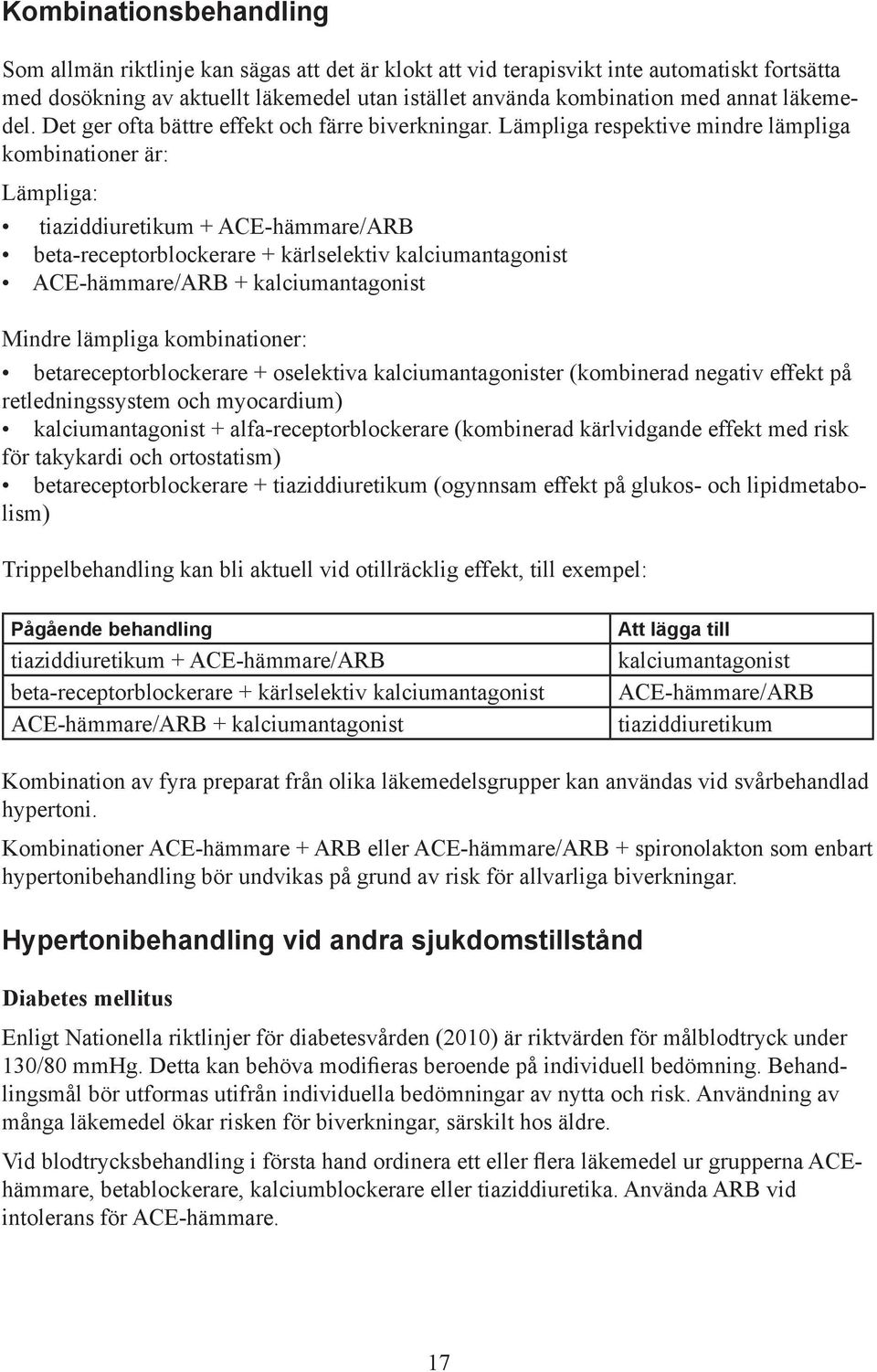 Lämpliga respektive mindre lämpliga kombinationer är: Lämpliga: tiaziddiuretikum + ACE-hämmare/ARB beta-receptorblockerare + kärlselektiv kalciumantagonist ACE-hämmare/ARB + kalciumantagonist Mindre