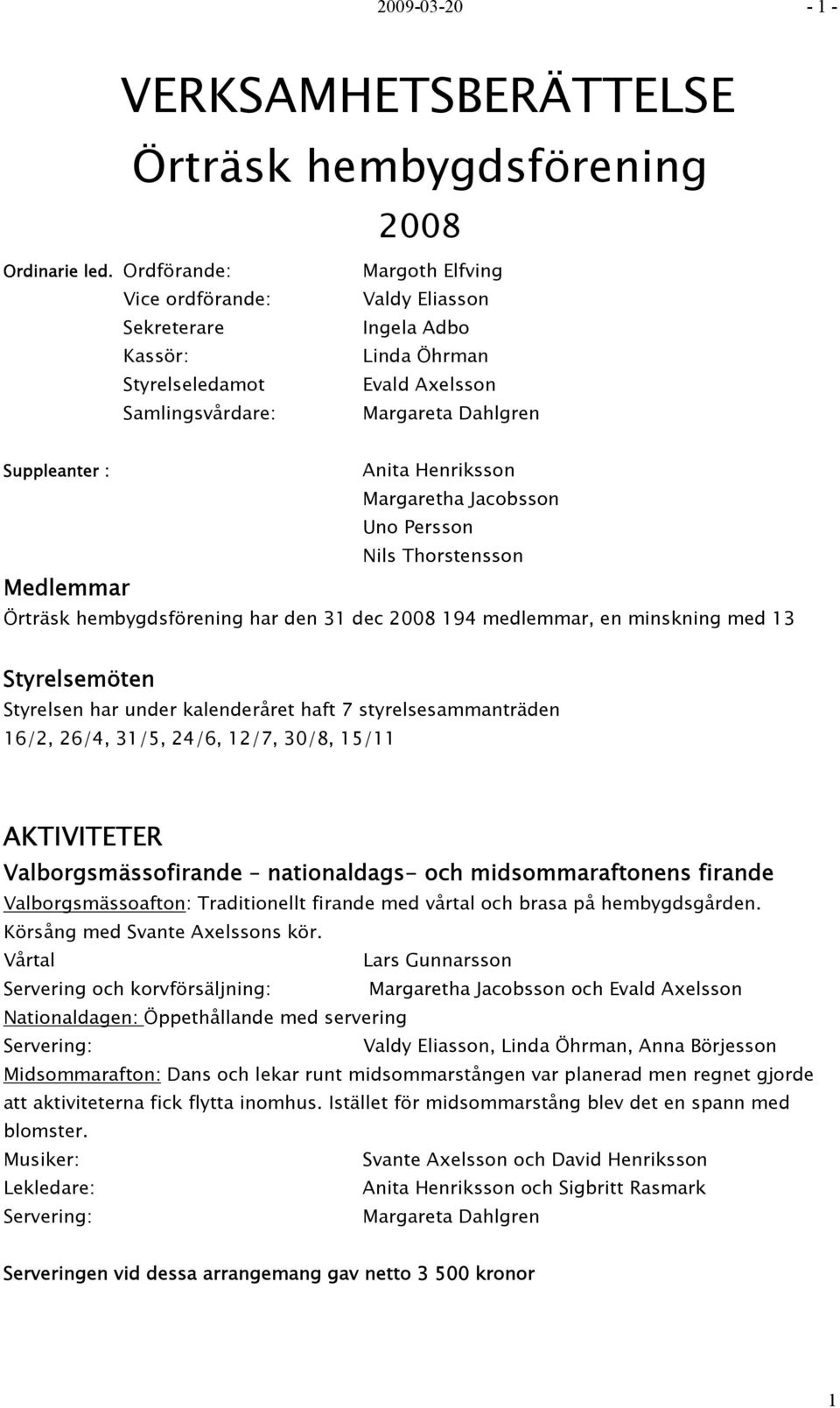 Henriksson Margaretha Jacobsson Uno Persson Nils Thorstensson Medlemmar Örträsk hembygdsförening har den 31 dec 2008 194 medlemmar, en minskning med 13 Styrelsemöten Styrelsen har under kalenderåret