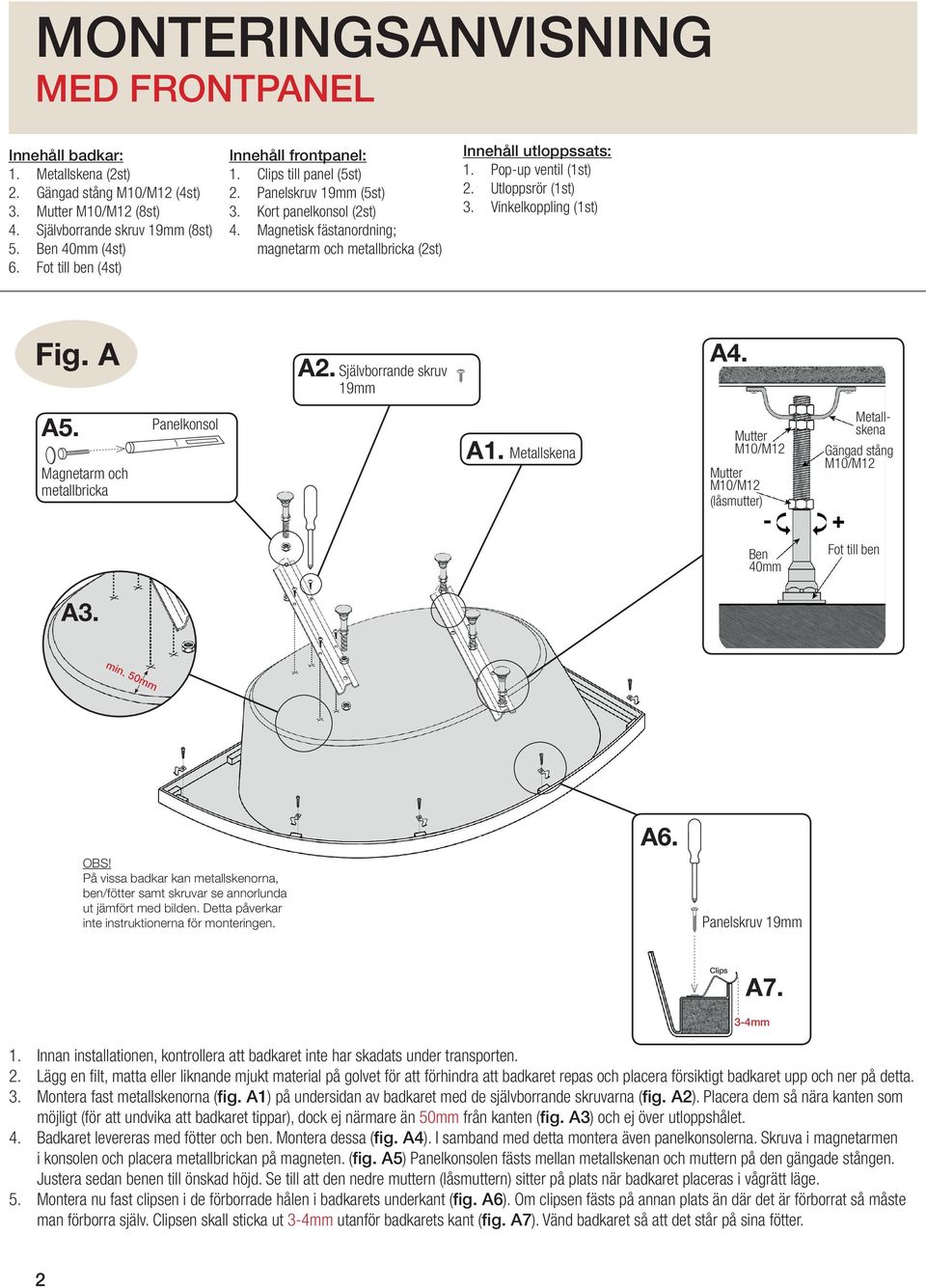 Utloppsrör (1st) 3. Vinkelkoppling (1st) Fig. A A2. Självborrande skruv 19mm A4. A5. Magnetarm och metallbricka Panelkonsol A1. (låsmutter) Gängad stång Ben 40mm Fot till ben A3. min. 50mm OBS!