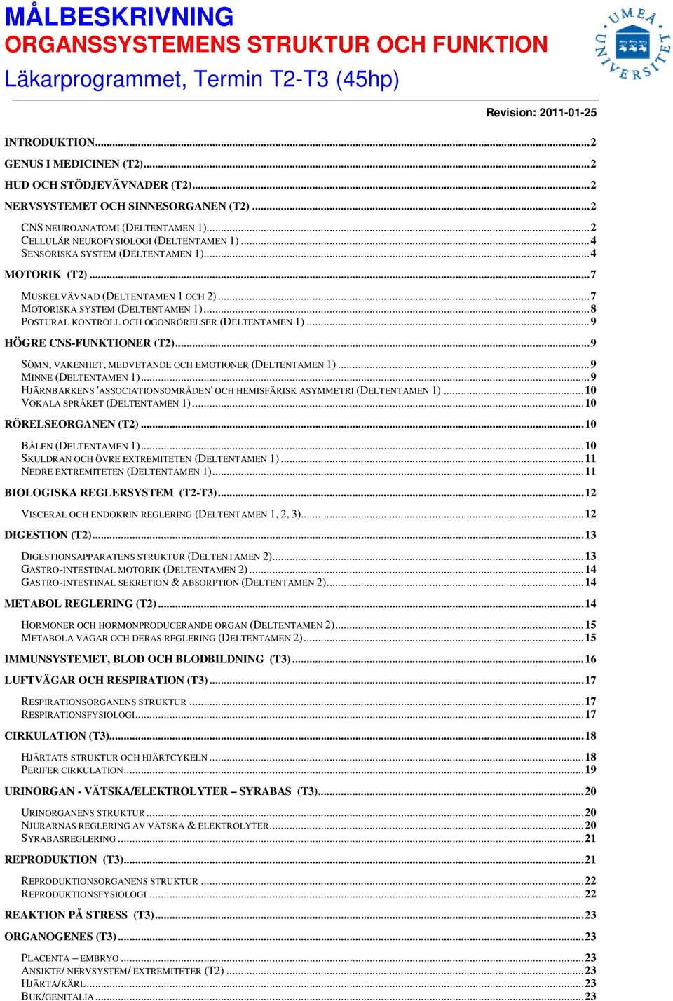 .. 7 MUSKELVÄVNAD (DELTENTAMEN 1 OCH 2)... 7 MOTORISKA SYSTEM (DELTENTAMEN 1)... 8 POSTURAL KONTROLL OCH ÖGONRÖRELSER (DELTENTAMEN 1)... 9 HÖGRE CNS-FUNKTIONER (T2).