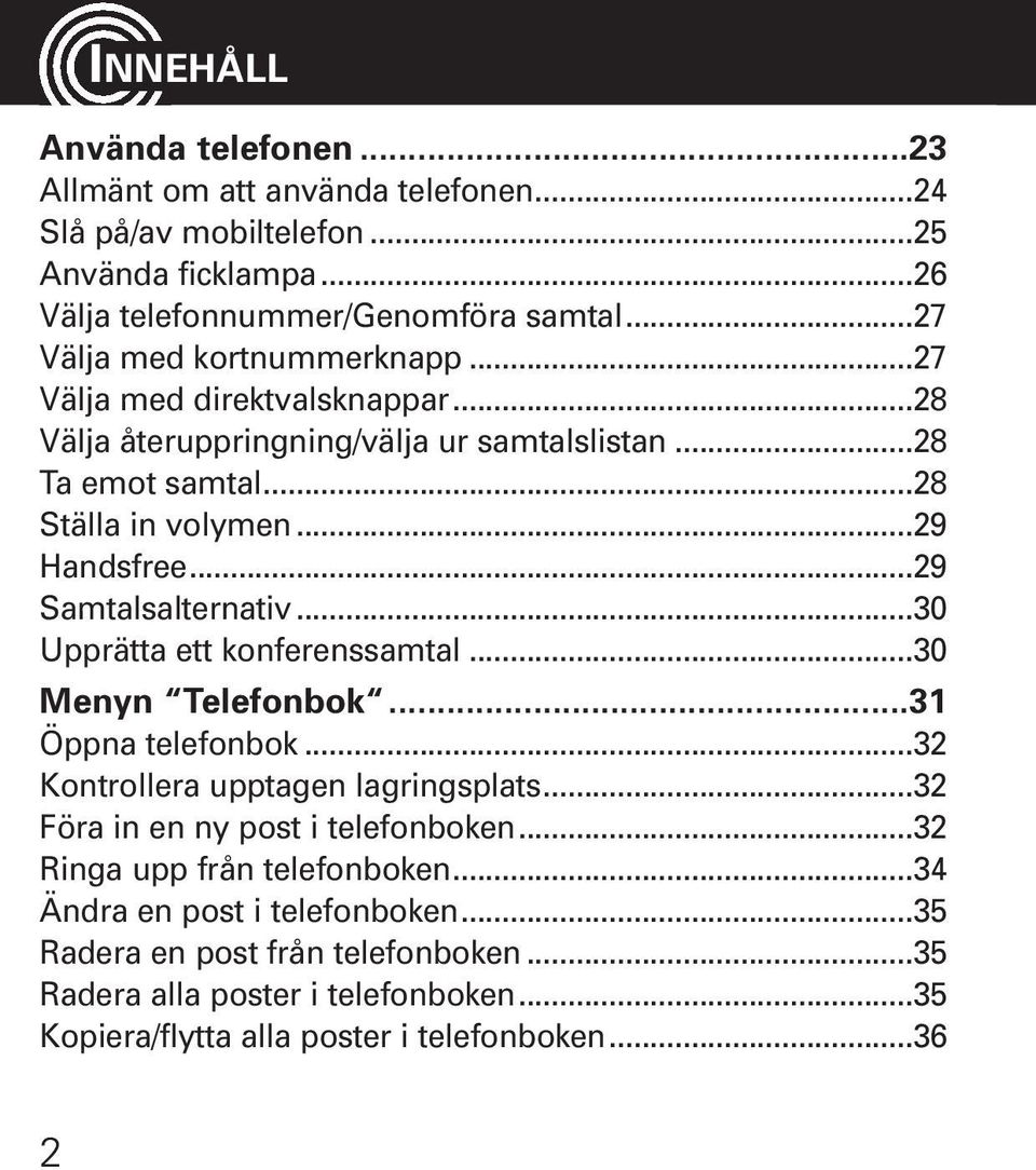 ..29 Samtalsalternativ...30 Upprätta ett konferenssamtal...30 Menyn Telefonbok...31 Öppna telefonbok...32 Kontrollera upptagen lagringsplats.