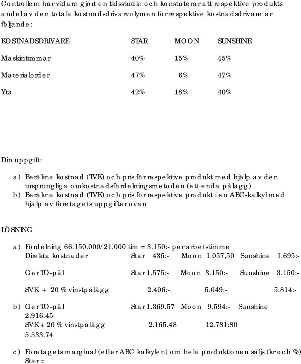 omkostnadsfördelningsmetoden (ett enda pålägg) b) Beräkna kostnad (TVK) och pris för respektive produkt i en ABC-kalkyl med hjälp av företagets uppgifter ovan LÖSNING a) Fördelning 66.150.000/21.