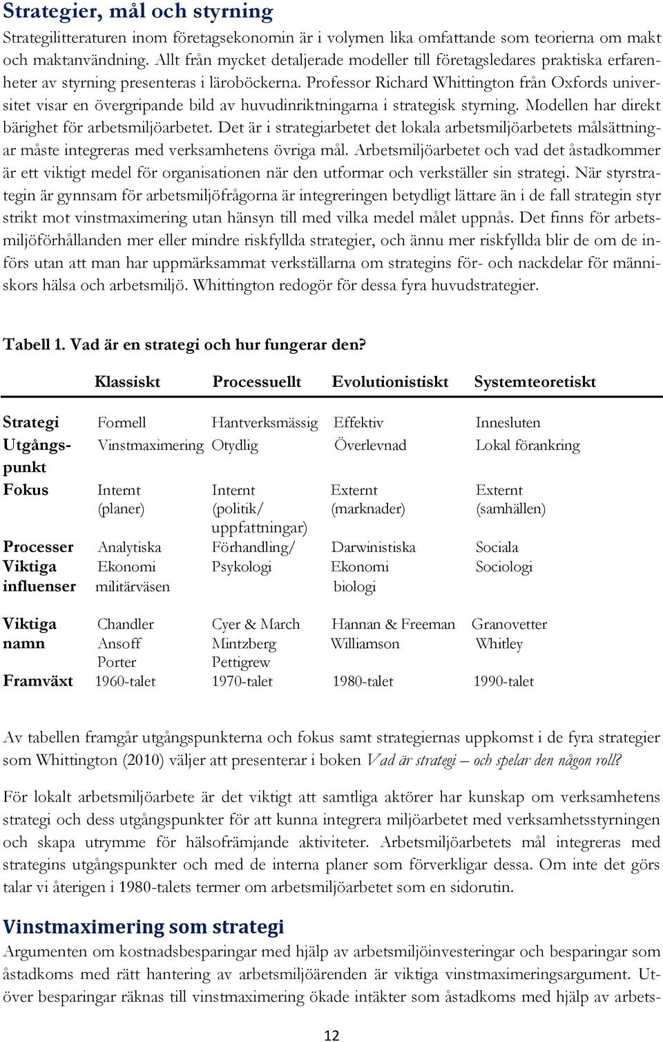 Professor Richard Whittington från Oxfords universitet visar en övergripande bild av huvudinriktningarna i strategisk styrning. Modellen har direkt bärighet för arbetsmiljöarbetet.