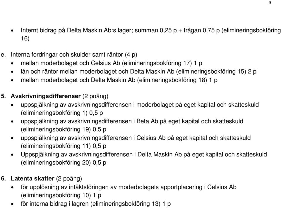 p mellan moderbolaget och Delta Maskin Ab (elimineringsbokföring 18) 1 p 5.