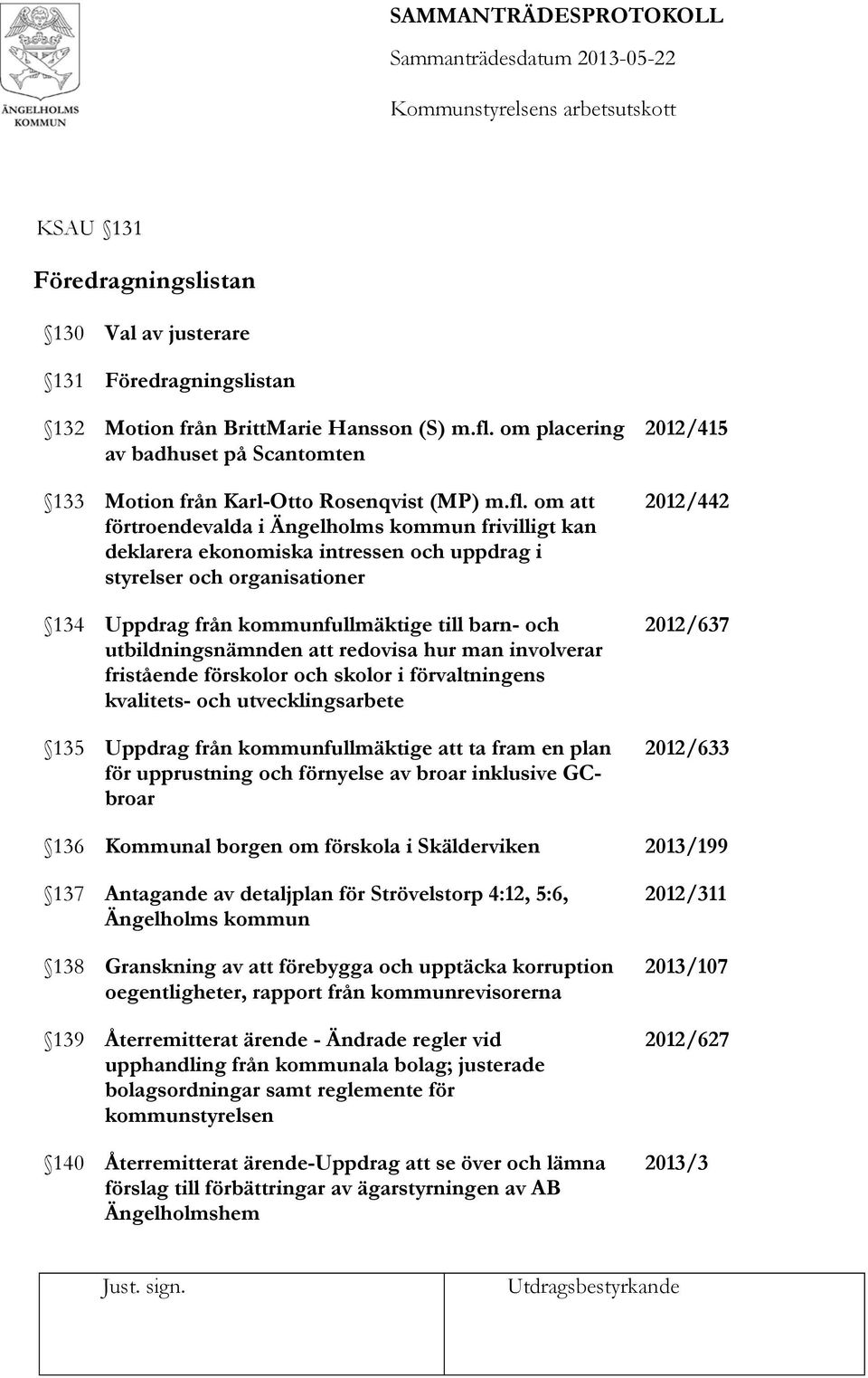 om att förtroendevalda i Ängelholms kommun frivilligt kan deklarera ekonomiska intressen och uppdrag i styrelser och organisationer 134 Uppdrag från kommunfullmäktige till barn- och