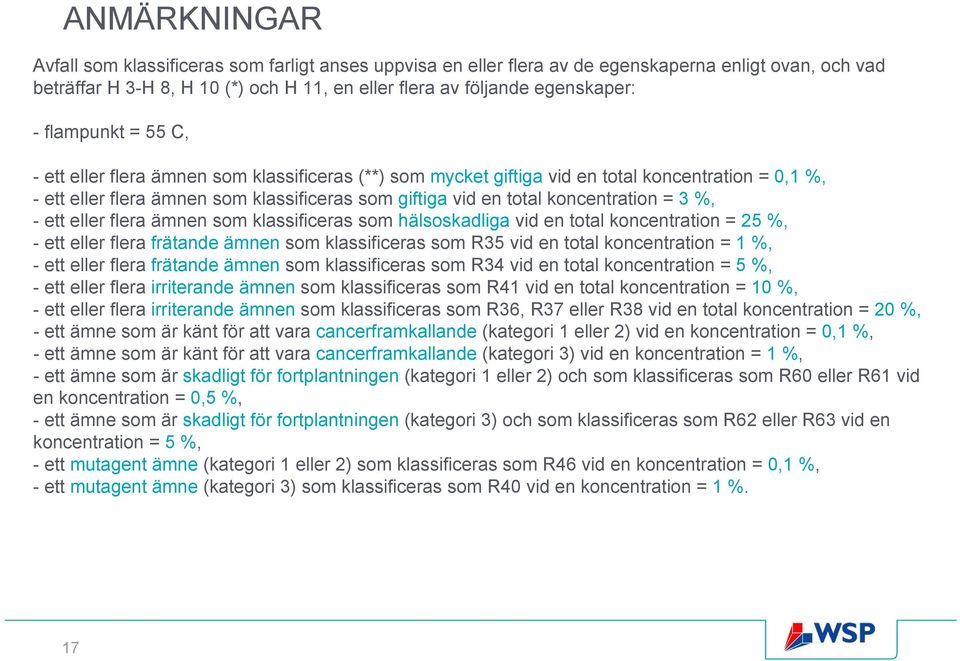 koncentration = 3 %, - ett eller flera ämnen som klassificeras som hälsoskadliga vid en total koncentration = 25 %, - ett eller flera frätande ämnen som klassificeras som R35 vid en total