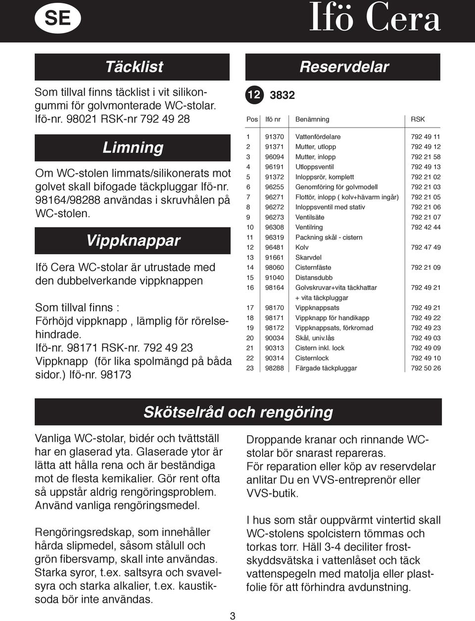 Vippknappar Ifö Cera WC-stolar är utrustade med den dubbelverkande vippknappen Som tillval finns : Förhöjd vippknapp, lämplig för rörelsehindrade. Ifö-nr. 987 RSK-nr.