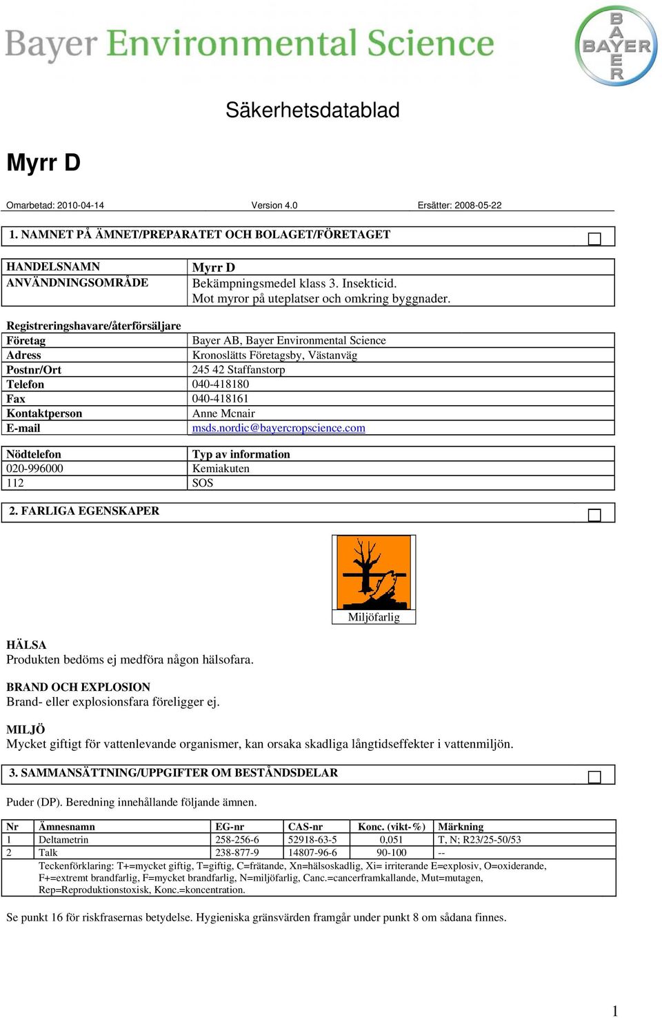 Kontaktperson Anne Mcnair E-mail msds.nordic@bayercropscience.com Nödtelefon Typ av information 020-996000 Kemiakuten 112 SOS 2. FARLIGA EGENSKAPER HÄLSA Produkten bedöms ej medföra någon hälsofara.