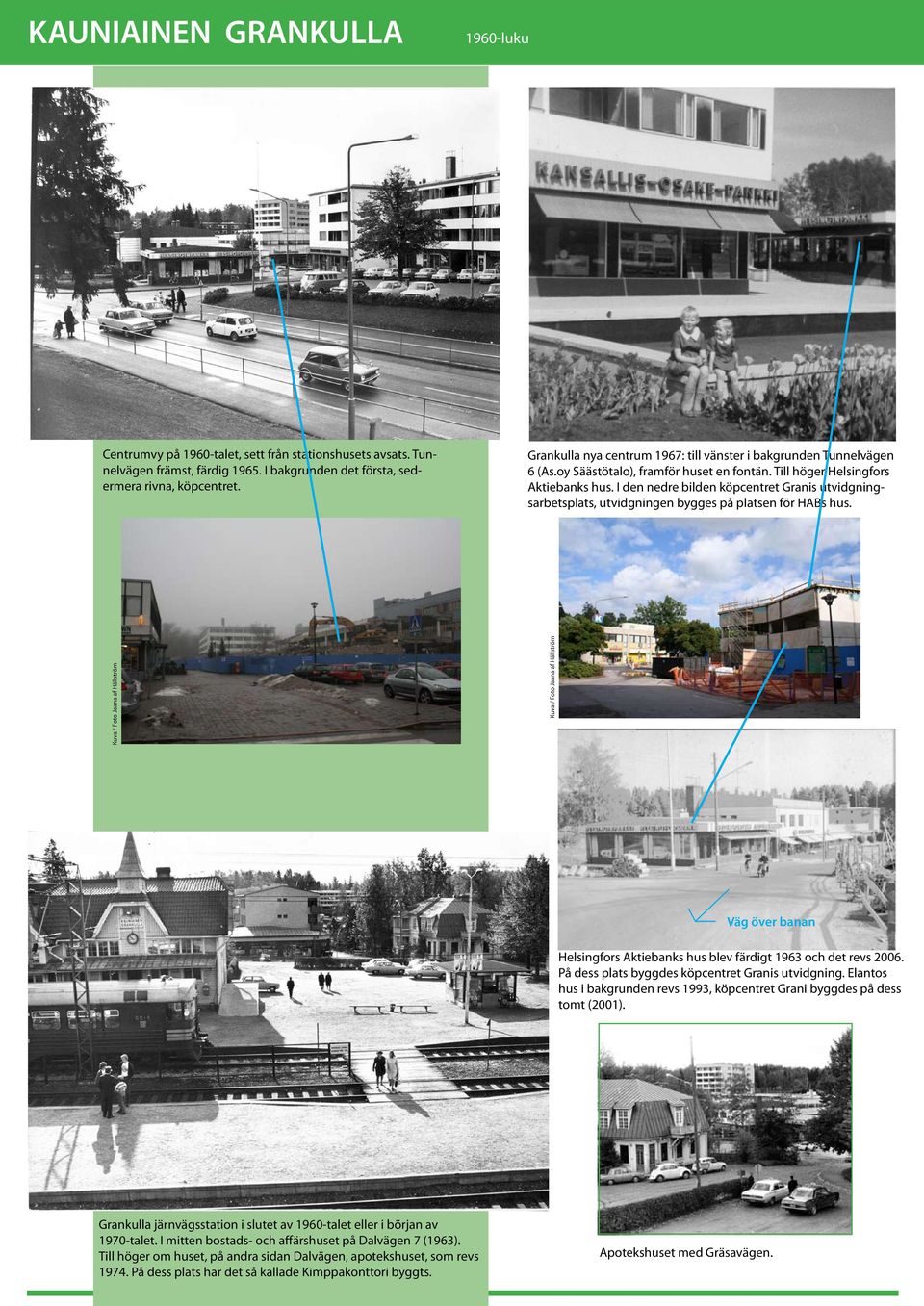 I den nedre bilden köpcentret Granis utvidgningsarbetsplats, utvidgningen bygges på platsen för HABs hus. Väg över banan Helsingfors Aktiebanks hus blev färdigt 1963 och det revs 2006.