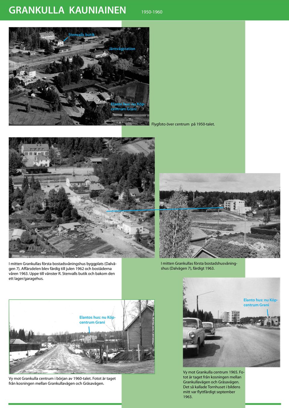 Stenvalls butik och bakom den ett lager/garagehus. I mitten Grankullas första bostadshusvåningshus (Dalvägen 7), färdigt 1963.