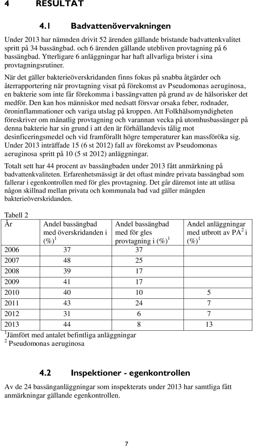 När det gäller bakterieöverskridanden finns fokus på snabba åtgärder och återrapportering när provtagning visat på förekomst av Pseudomonas aeruginosa, en bakterie som inte får förekomma i