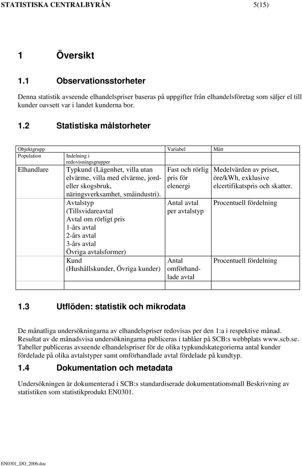 2 Statistiska målstorheter Objektgrupp Variabel Mått Population Indelning i redovisningsgrupper Elhandlare Typkund (Lägenhet, villa utan elvärme, villa med elvärme, jordeller skogsbruk,