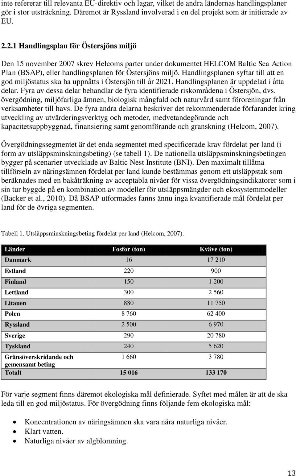 Handlingsplanen syftar till att en god miljöstatus ska ha uppnåtts i Östersjön till år 2021. Handlingsplanen är uppdelad i åtta delar.