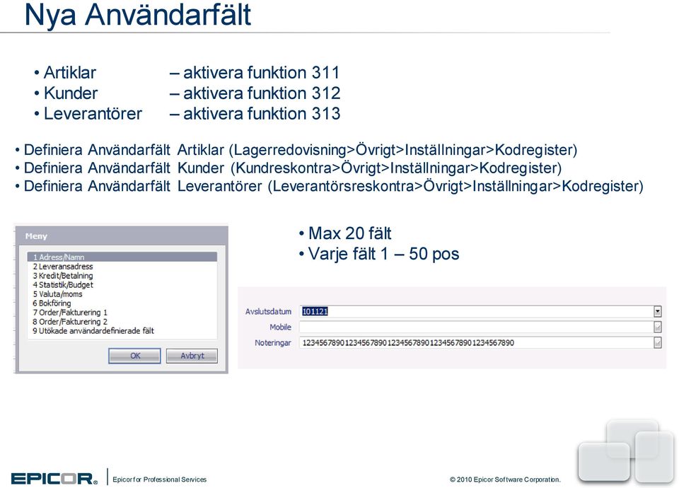 Definiera Användarfält Kunder (Kundreskontra>Övrigt>Inställningar>Kodregister) Definiera