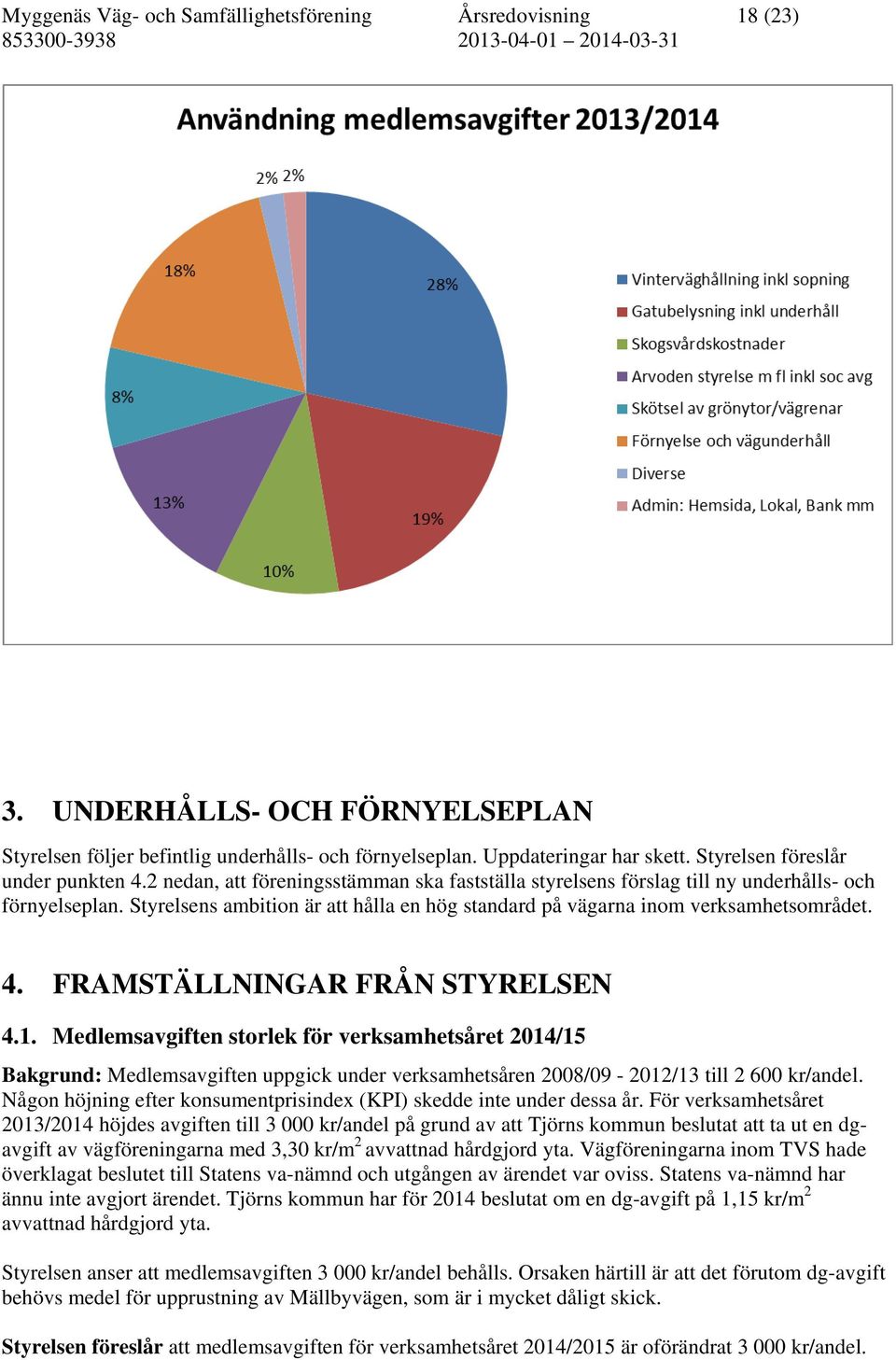 Styrelsens ambition är att hålla en hög standard på vägarna inom verksamhetsområdet. 4. FRAMSTÄLLNINGAR FRÅN STYRELSEN 4.1.