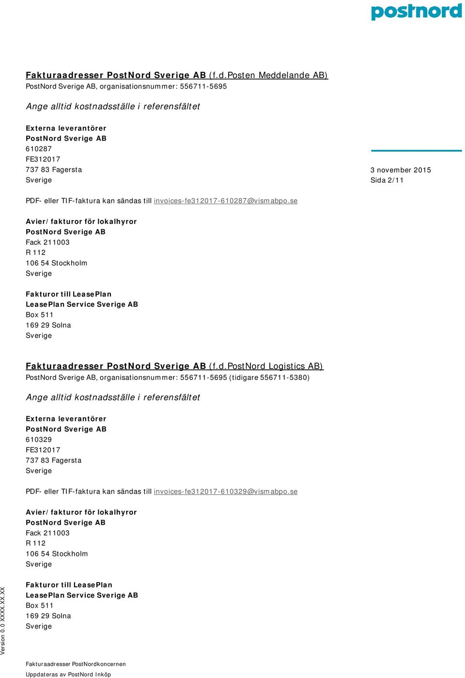 AB (f.d.posten Meddelande AB) PostNord AB, organisationsnummer: 556711-5695 PostNord AB 610287 Sida 2/11 PDF- eller TIF-faktura kan sändas till invoices-fe312017-610287@vismabpo.
