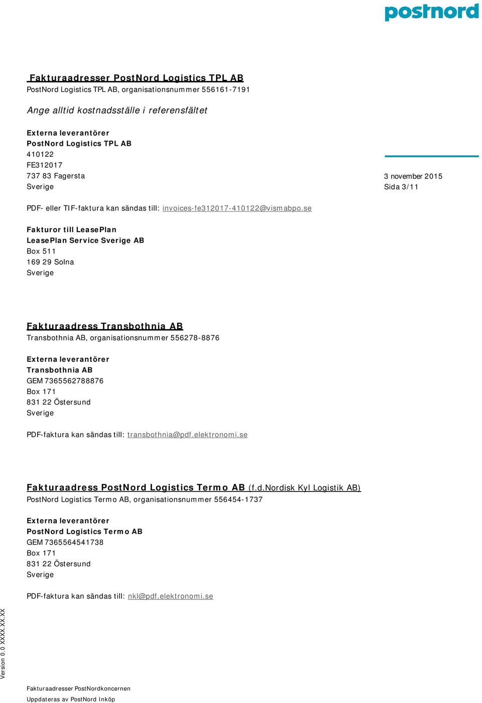 se Fakturor till LeasePlan LeasePlan Service AB Box 511 169 29 Solna Fakturaadress Transbothnia AB Transbothnia AB, organisationsnummer 556278-8876 Transbothnia AB GEM 7365562788876 Box