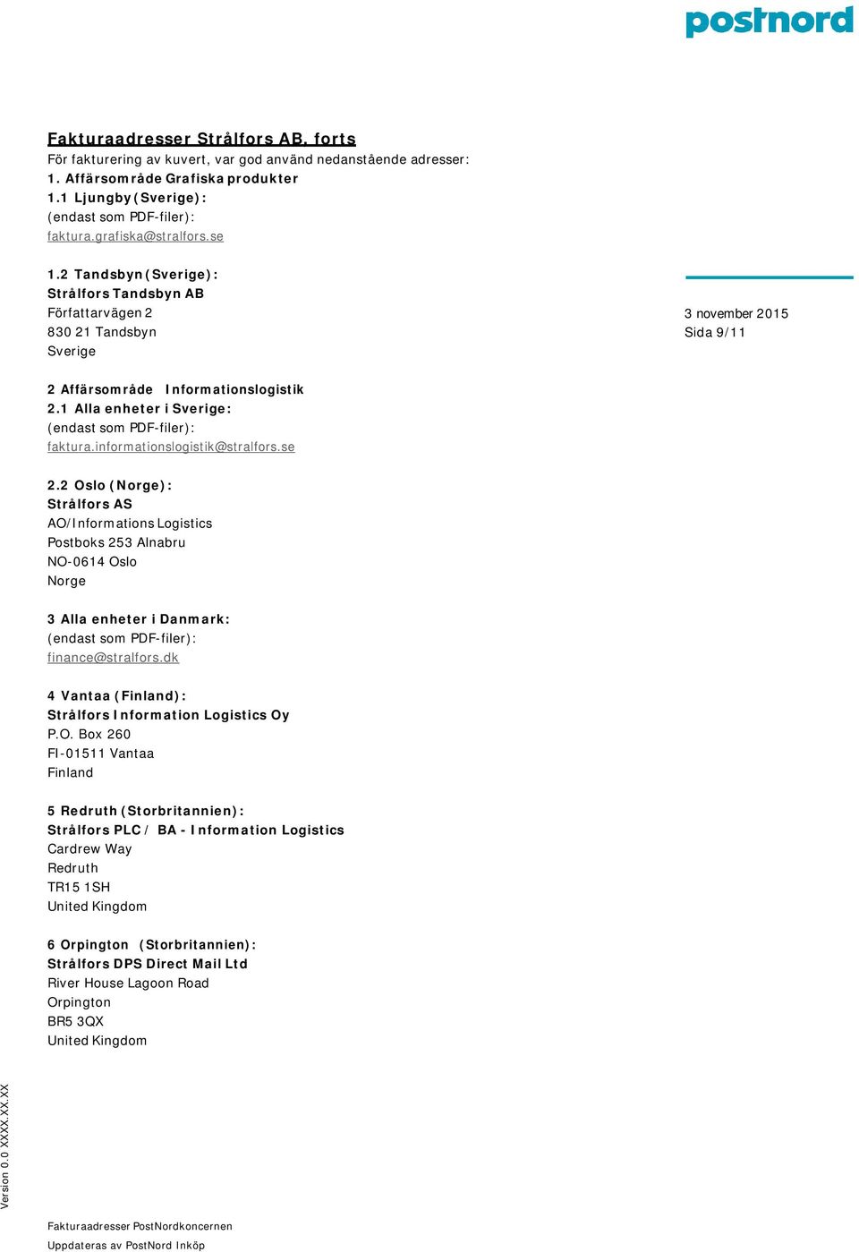 informationslogistik@stralfors.se 2.2 Oslo (Norge): Strålfors AS AO/Informations Logistics Postboks 253 Alnabru NO-0614 Oslo Norge 3 Alla enheter i : (endast som PDF-filer): finance@stralfors.