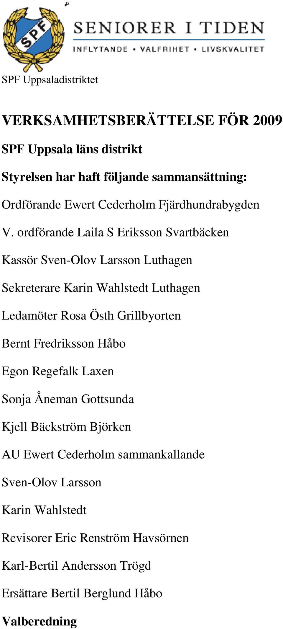 ordförande Laila S Eriksson Svartbäcken Kassör Sven-Olov Larsson Luthagen Sekreterare Karin Wahlstedt Luthagen Ledamöter Rosa Östh Grillbyorten