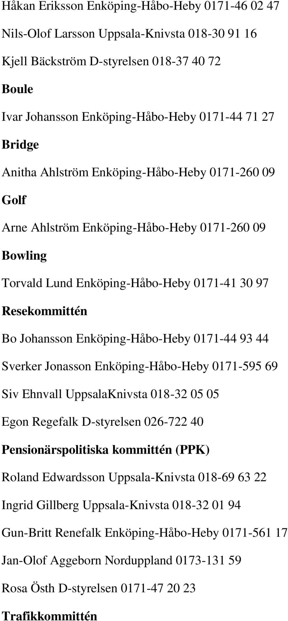 0171-44 93 44 Sverker Jonasson Enköping-Håbo-Heby 0171-595 69 Siv Ehnvall UppsalaKnivsta 018-32 05 05 Egon Regefalk D-styrelsen 026-722 40 Pensionärspolitiska kommittén (PPK) Roland Edwardsson