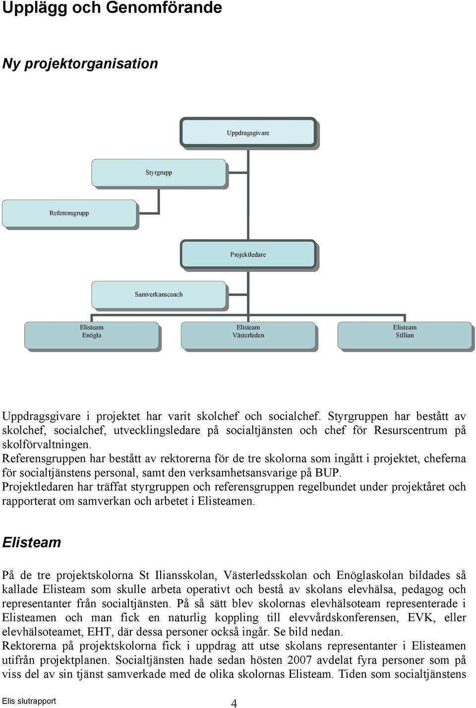 Referensgruppen har bestått av rektorerna för de tre skolorna som ingått i projektet, cheferna för socialtjänstens personal, samt den verksamhetsansvarige på BUP.