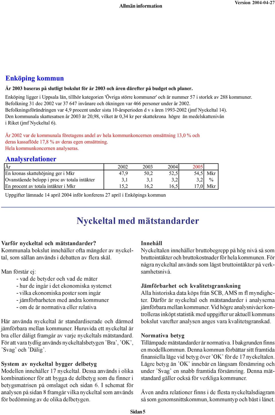 Befolkning 31 dec 2002 var 37 647 invånare och ökningen var 466 personer under år 2002. Befolkningsförändringen var 4,9 procent under sista 10-årsperioden d v s åren 1993-2002 (jmf Nyckeltal 14).