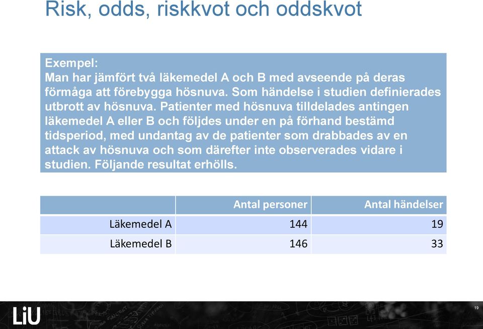 Patienter med hösnuva tilldelades antingen läkemedel A eller B och följdes under en på förhand bestämd tidsperiod, med undantag av