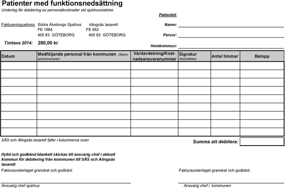 Antal timmar Belopp SÄS och Alingsås lasarett fyller i kolumnerna ovan Summa att debitera: Namn: Persnr: Hemkommun: Ifylld och godkänd blankett skickas till ansvarig chef i aktuell