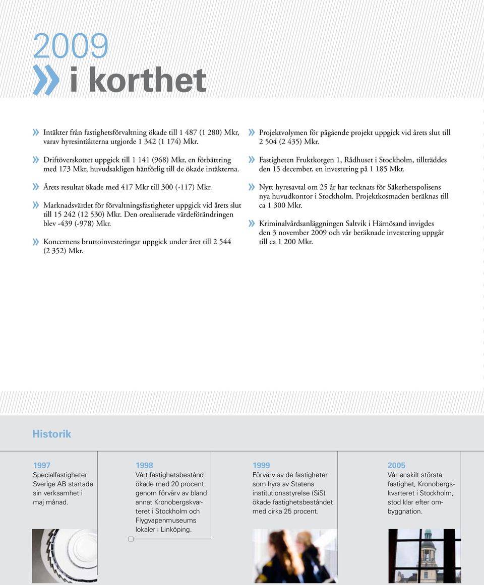 »»»»» Marknadsvärdet för förvaltningsfastigheter uppgick vid årets slut till 15 242 (12 530) Mkr. Den orealiserade värdeförändringen blev -439 (-978) Mkr.