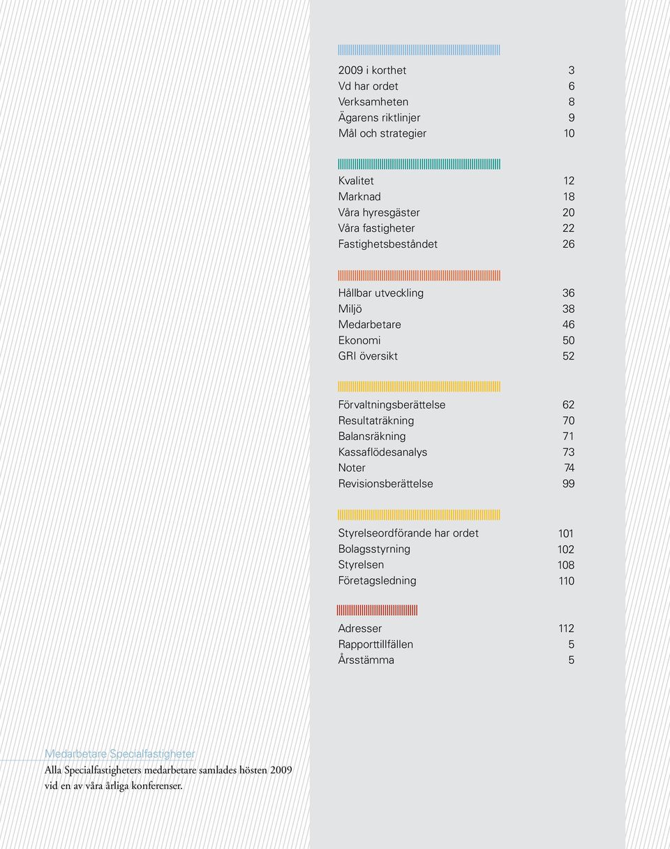 Balansräkning Kassaflödesanalys Noter Revisionsberättelse 62 70 71 73 74 99 Styrelseordförande har ordet Bolagsstyrning Styrelsen Företagsledning 101 102