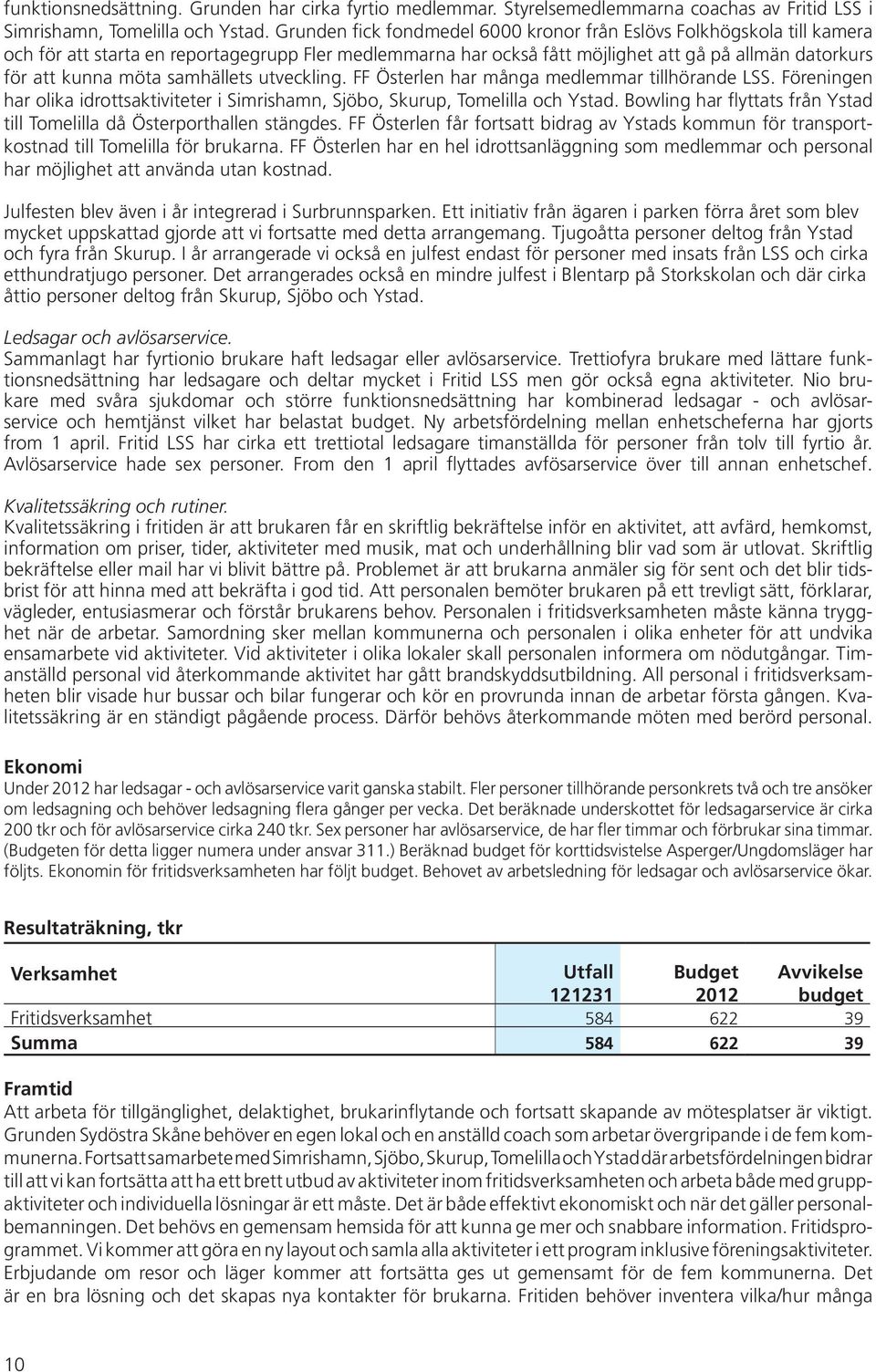 samhällets utveckling. FF Österlen har många medlemmar tillhörande LSS. Föreningen har olika idrottsaktiviteter i Simrishamn, Sjöbo, Skurup, Tomelilla och Ystad.