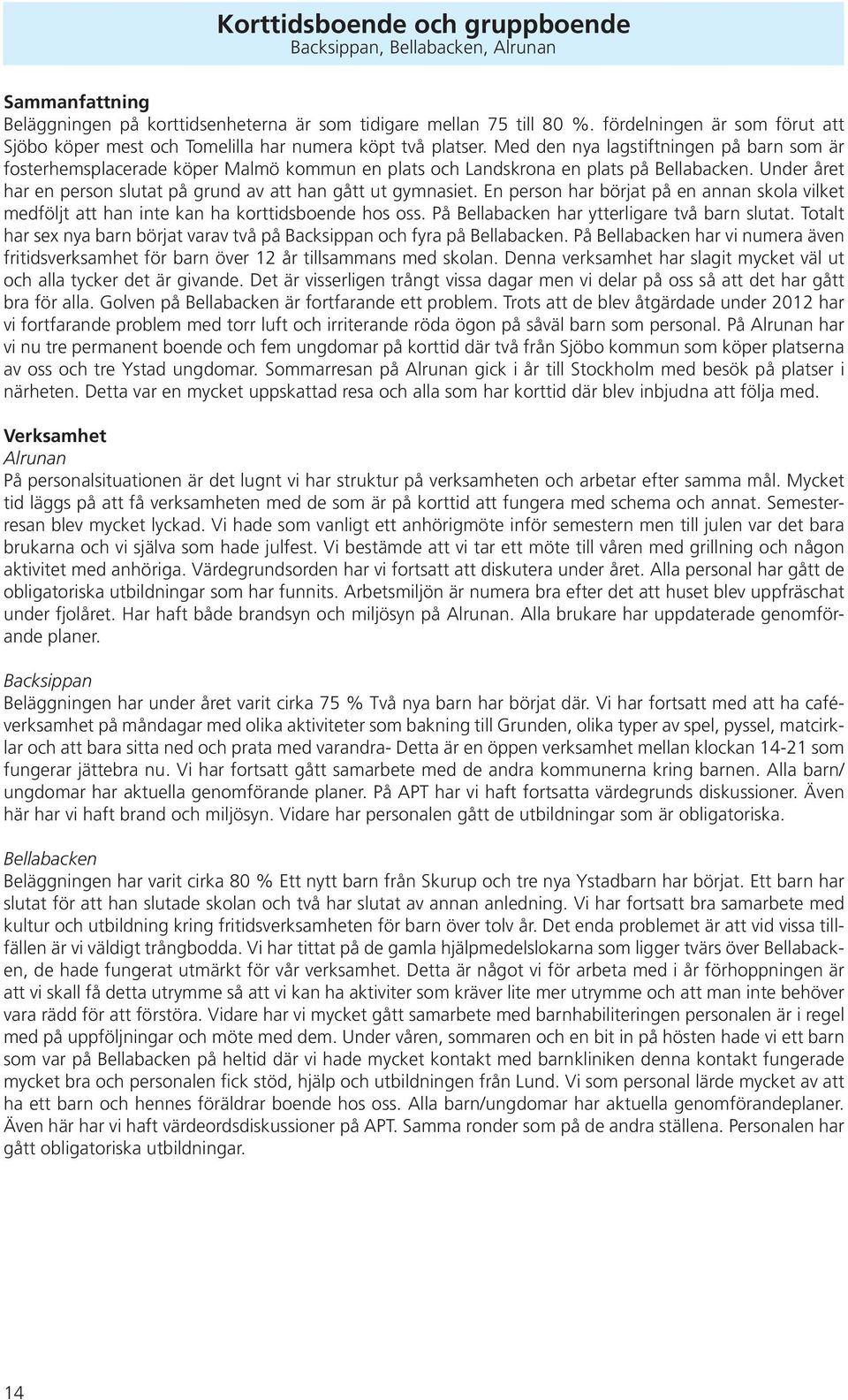 Med den nya lagstiftningen på barn som är fosterhemsplacerade köper Malmö kommun en plats och Landskrona en plats på Bellabacken. Under året har en person slutat på grund av att han gått ut gymnasiet.