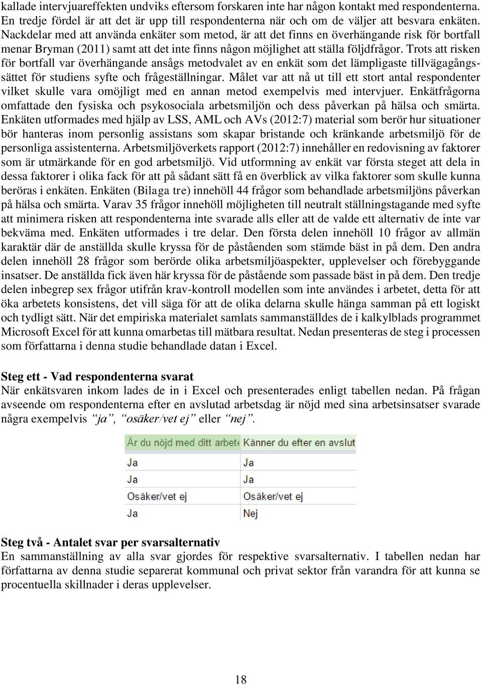 Trots att risken för bortfall var överhängande ansågs metodvalet av en enkät som det lämpligaste tillvägagångssättet för studiens syfte och frågeställningar.