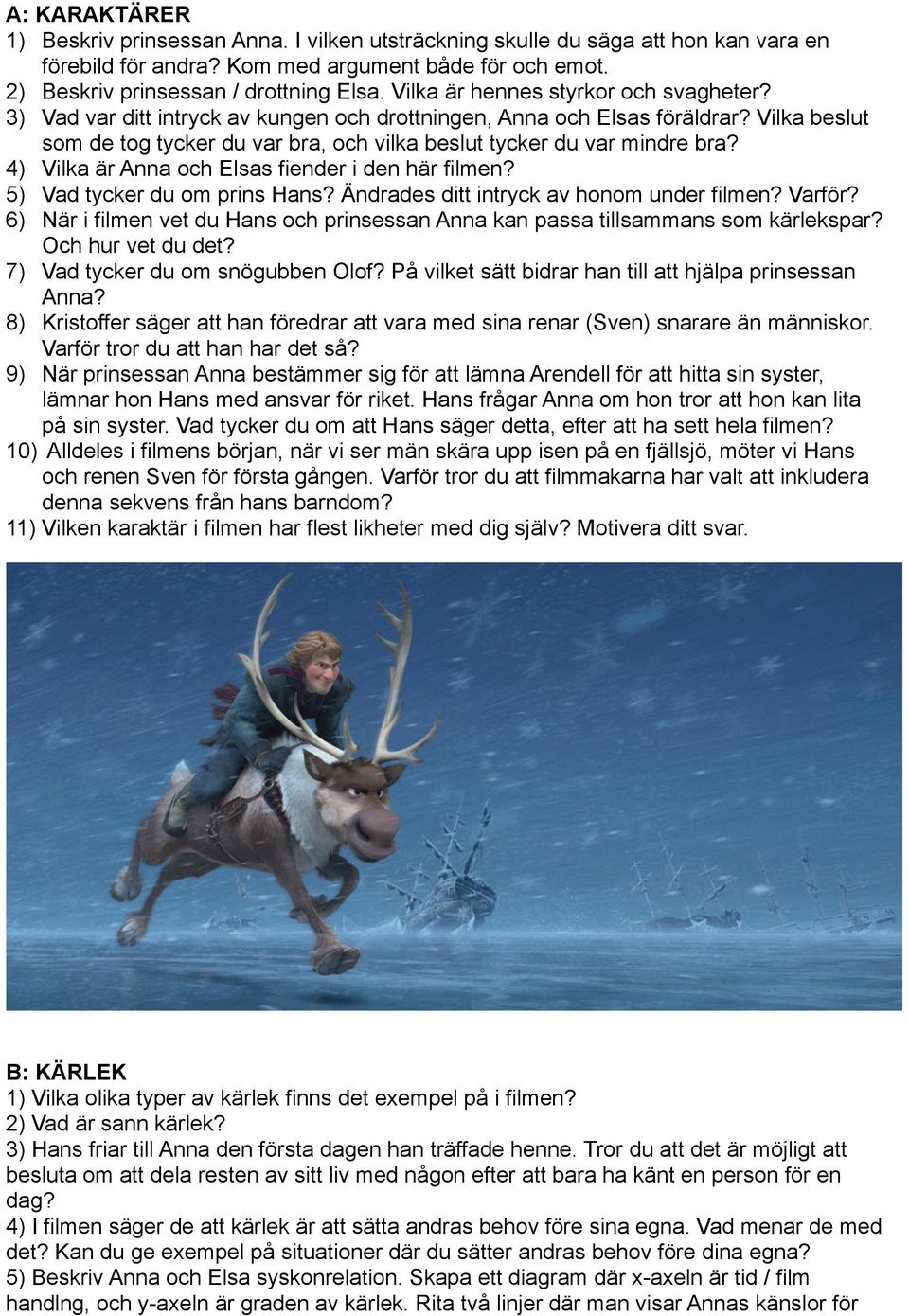 Vilka beslut som de tog tycker du var bra, och vilka beslut tycker du var mindre bra? 4) Vilka är Anna och Elsas fiender i den här filmen? 5) Vad tycker du om prins Hans?