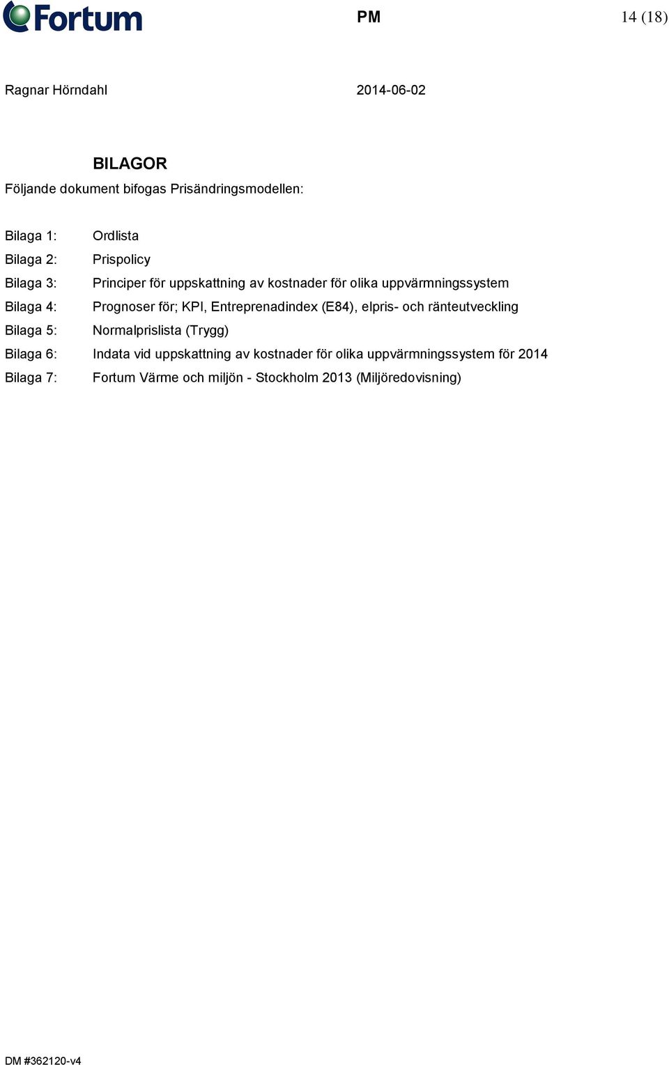 Entreprenadindex (E84), elpris- och ränteutveckling Bilaga 5: Normalprislista (Trygg) Bilaga 6: Indata vid