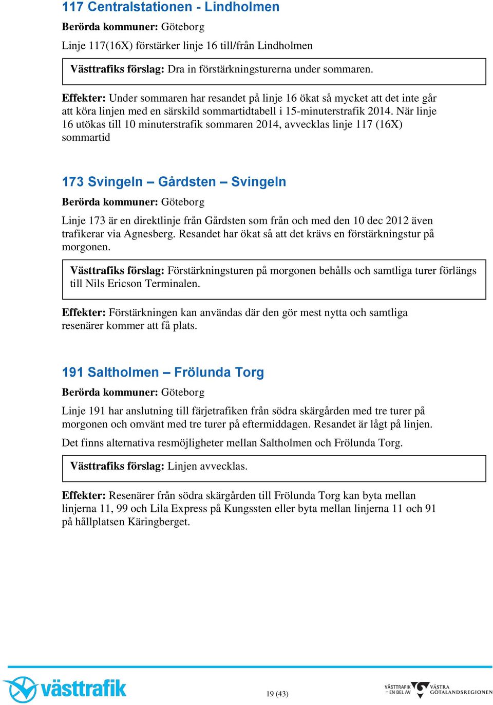 När linje 16 utökas till 10 minuterstrafik sommaren 2014, avvecklas linje 117 (16X) sommartid 173 Svingeln Gårdsten Svingeln Linje 173 är en direktlinje från Gårdsten som från och med den 10 dec 2012