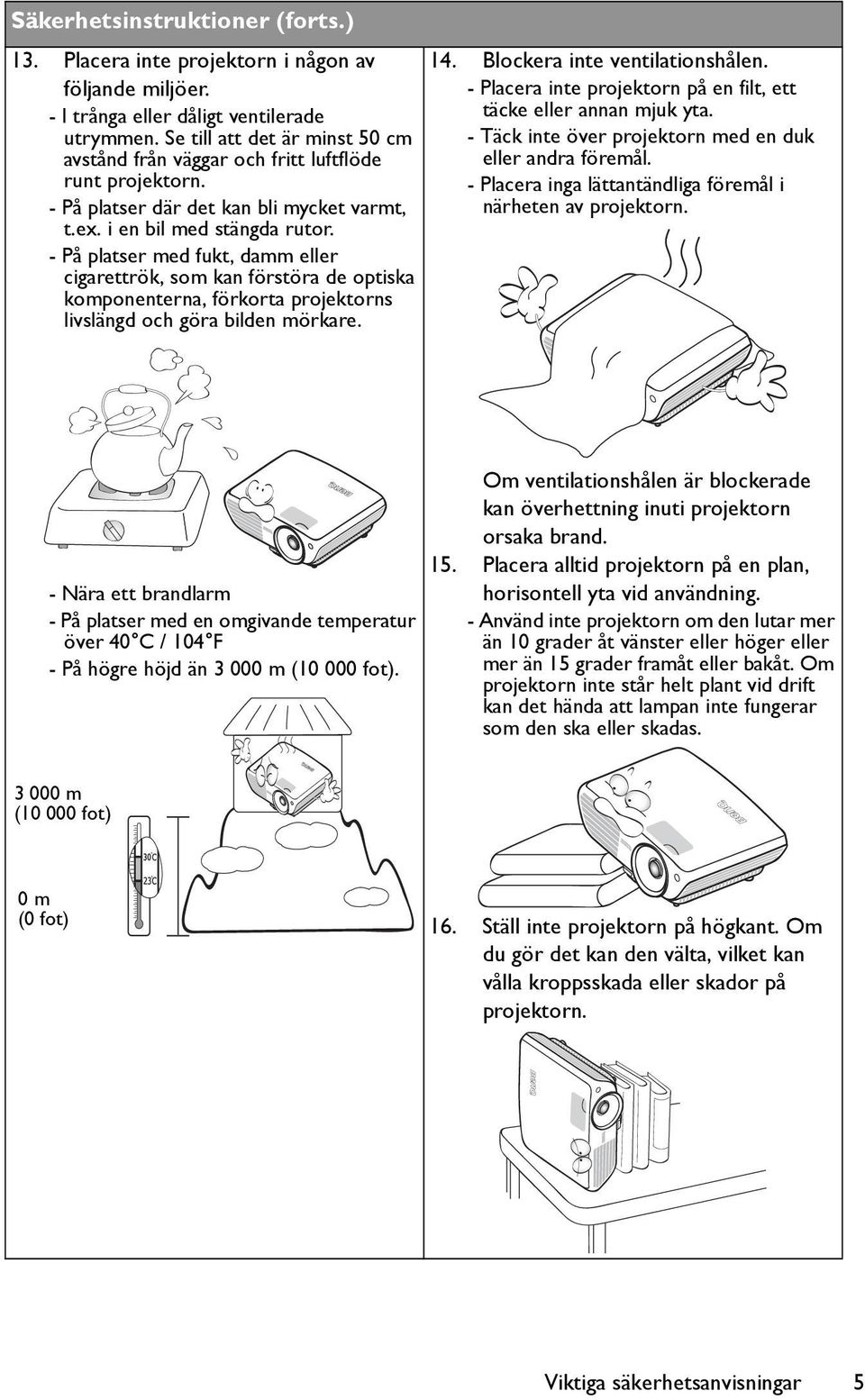 - På platser med fukt, damm eller cigarettrök, som kan förstöra de optiska komponenterna, förkorta projektorns livslängd och göra bilden mörkare. 14. Blockera inte ventilationshålen.