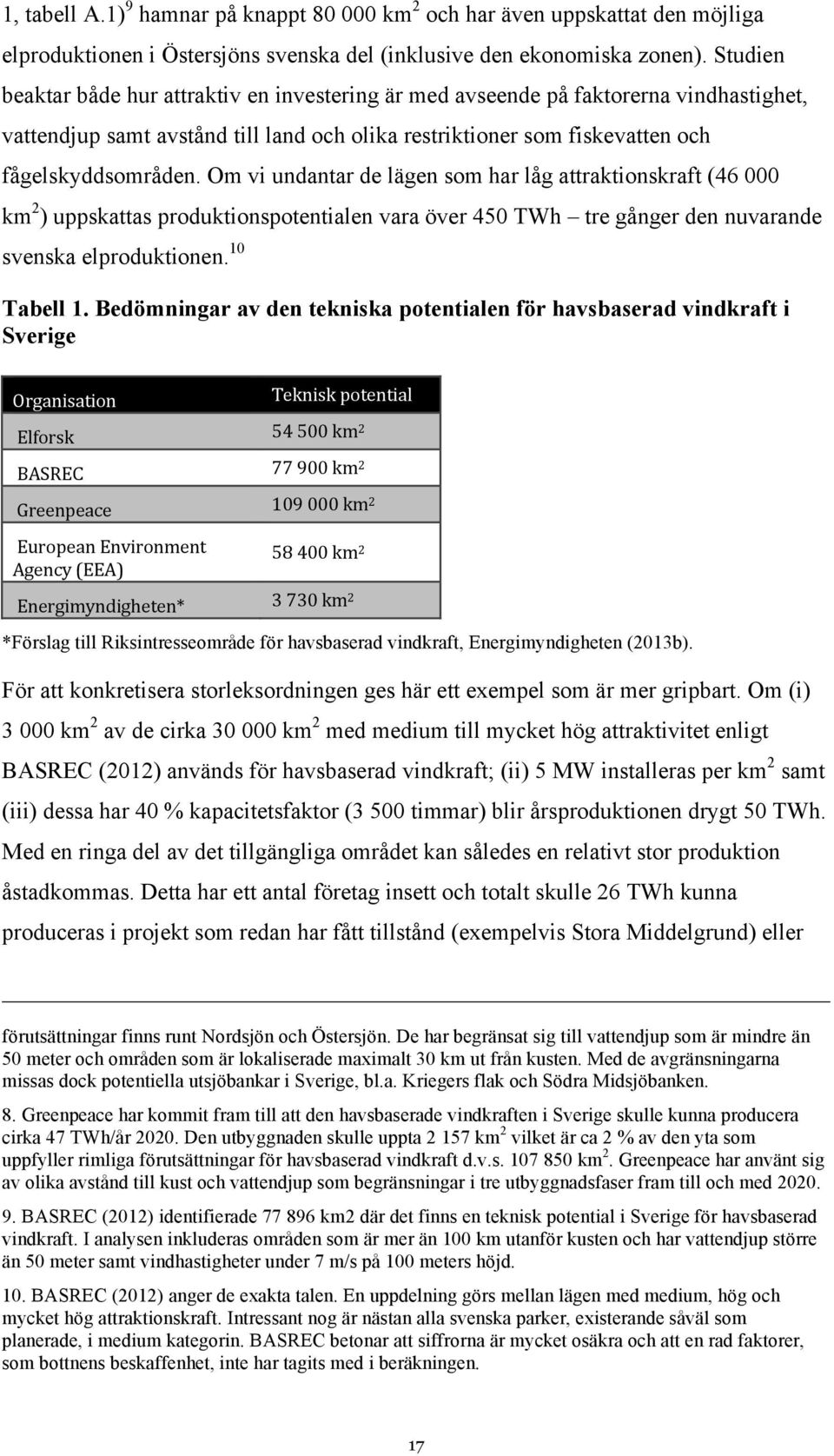 Om vi undantar de lägen som har låg attraktionskraft (46 000 km 2 ) uppskattas produktionspotentialen vara över 450 TWh tre gånger den nuvarande svenska elproduktionen. 10 Tabell 1.