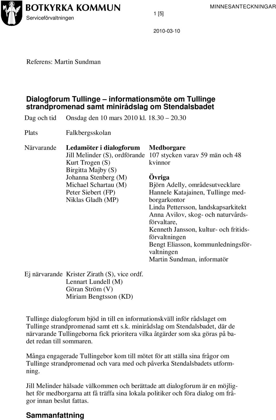 (MP) Medborgare 107 stycken varav 59 män och 48 kvinnor Övriga Björn Adelly, områdesutvecklare Hannele Katajainen, Tullinge medborgarkontor Linda Pettersson, landskapsarkitekt Anna Avilov, skog- och