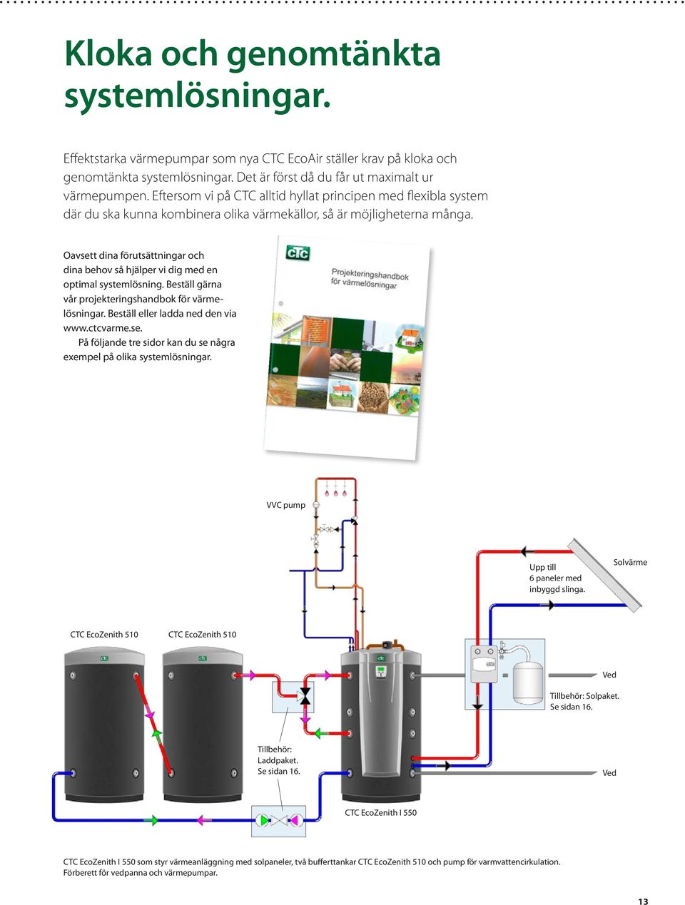Oavsett dina förutsättningar och dina behov så hjälper vi dig med en optimal systemlösning. Beställ gärna vår projekterings handbok för värmelösningar. Beställ eller ladda ned den via www.ctcvarme.se. På följande tre sidor kan du se några exempel på olika systemlösningar.