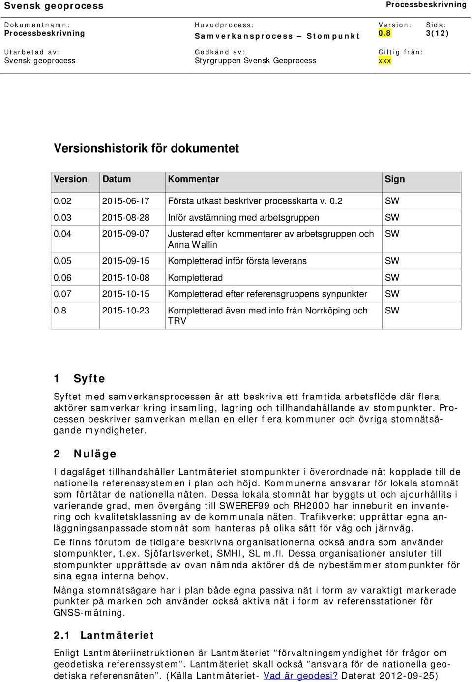 07 2015-10-15 Kompletterad efter referensgruppens synpunkter SW 2015-10-23 Kompletterad även med info från Norrköping och TRV SW 1 Syfte Syftet med samverkansprocessen är att beskriva ett framtida