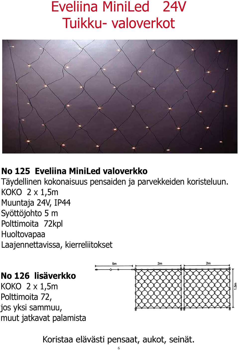 KOKO 2 x 1,5m Muuntaja 24V, IP44 Syöttöjohto 5 m Polttimoita 72kpl Huoltovapaa