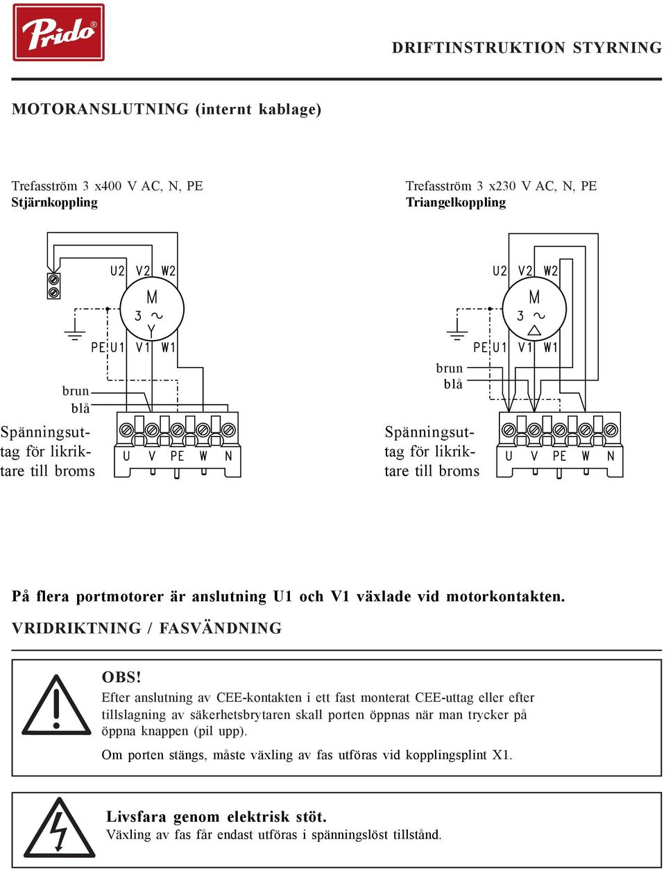 växlade vid motorkontakten. VRIDRIKTNING / FASVÄNDNING OBS!