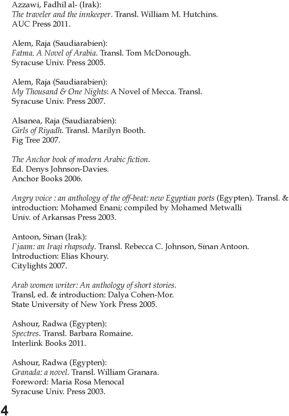 Fig Tree 2007. The Anchor book of modern Arabic fiction. Ed. Denys Johnson-Davies. Anchor Books 2006. Angry voice : an anthology of the off-beat: new Egyptian poets (Egypten). Transl.