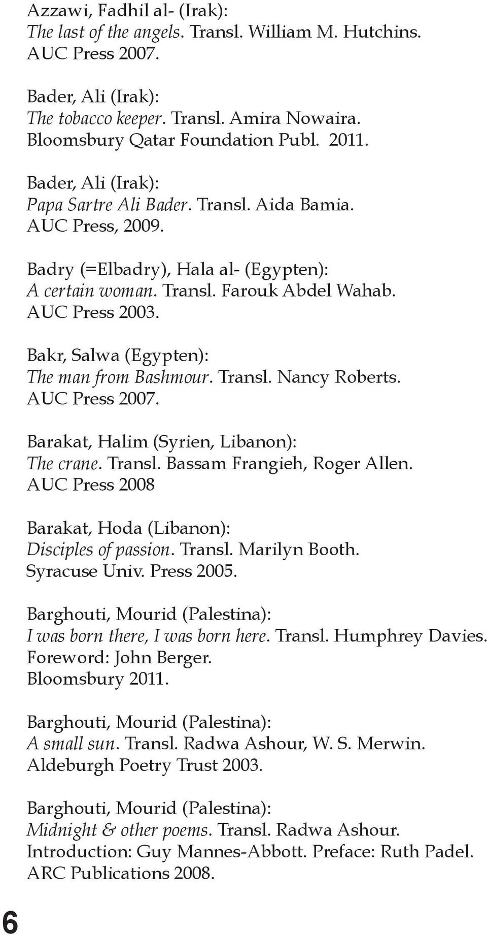 Bakr, Salwa (Egypten): The man from Bashmour. Transl. Nancy Roberts. AUC Press 2007. Barakat, Halim (Syrien, Libanon): The crane. Transl. Bassam Frangieh, Roger Allen.