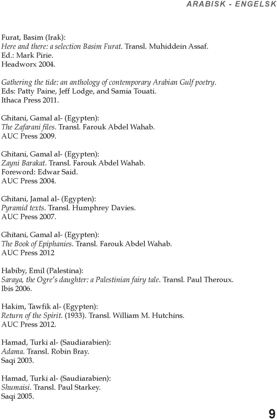 Farouk Abdel Wahab. AUC Press 2009. Ghitani, Gamal al- (Egypten): Zayni Barakat. Transl. Farouk Abdel Wahab. Foreword: Edwar Said. AUC Press 2004. Ghitani, Jamal al- (Egypten): Pyramid texts. Transl. Humphrey Davies.