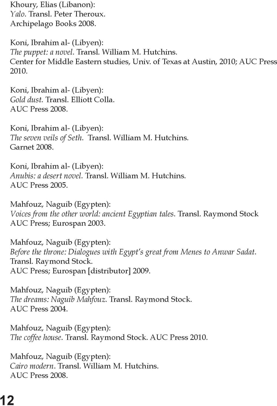 Hutchins. Garnet 2008. Koni, Ibrahim al- (Libyen): Anubis: a desert novel. Transl. William M. Hutchins. AUC Press 2005. Mahfouz, Naguib (Egypten): Voices from the other world: ancient Egyptian tales.