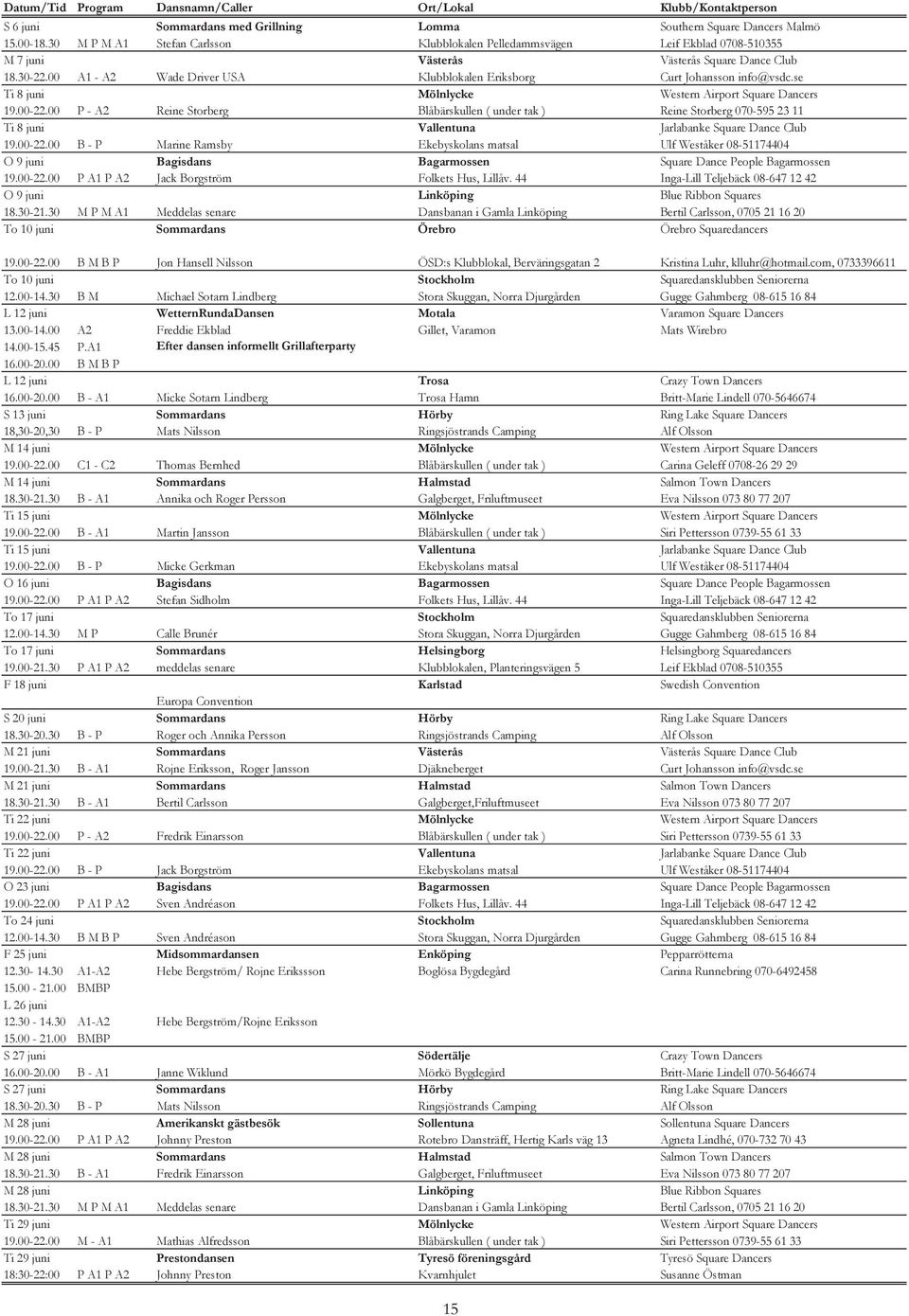 00 A1 - A2 Wade Driver USA Klubblokalen Eriksborg Curt Johansson info@vsdc.se Ti 8 juni Mölnlycke Western Airport Square Dancers 19.00-22.